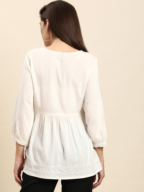 White Rayon Solid Flared Top